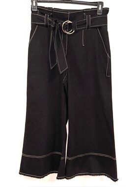 Cinq A Sept Wide Leg Cropped Pants Belted 30” Paper Bag Waist White Top Stitch